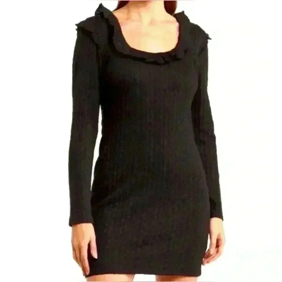 19 Cooper Ruffle Long Sleeve Knit Dress Black Mini Dress Size Extra Large - Picture 1 of 4